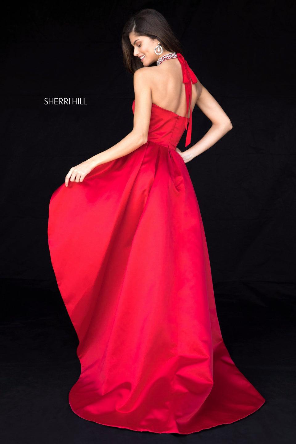 Sherri Hill Fitted Strapless Satin Gown With Polka Dot Ruffled Overskirt And Matching Beaded Choker Or Headband