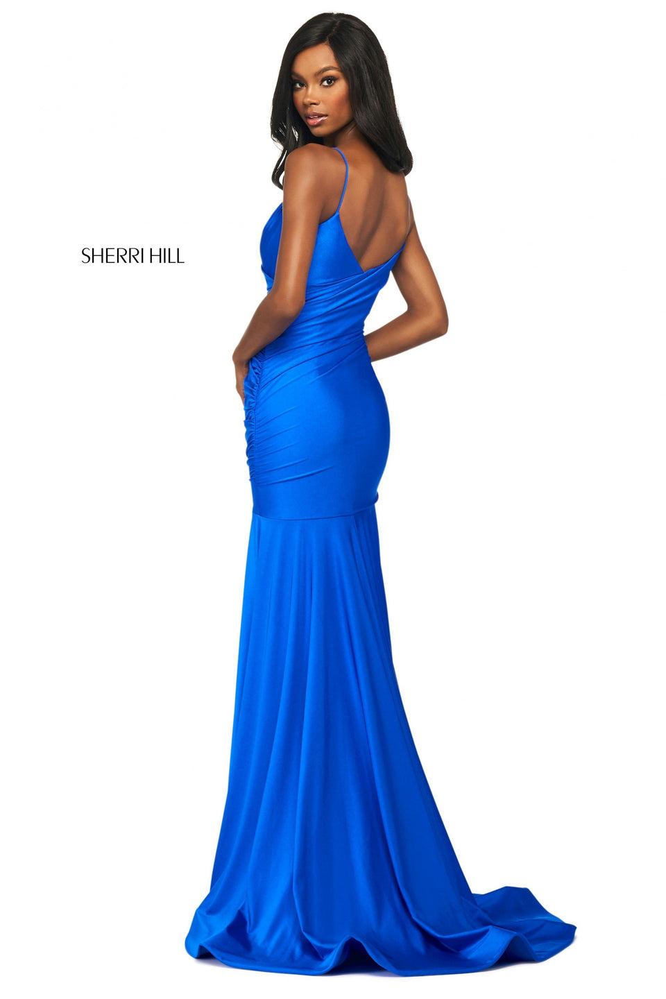 Sherri Hill Fitted Stretch Jersey High-low Dress With Ruching And V Neckline