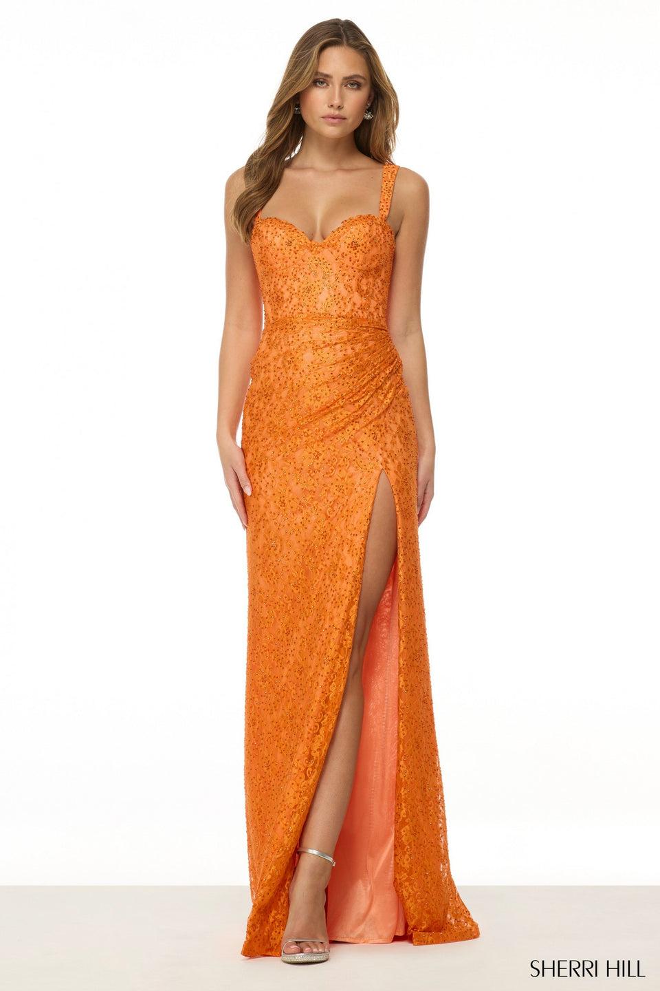 Sherri Hill Fitted Stretch Lace Gown With Skirt Slit