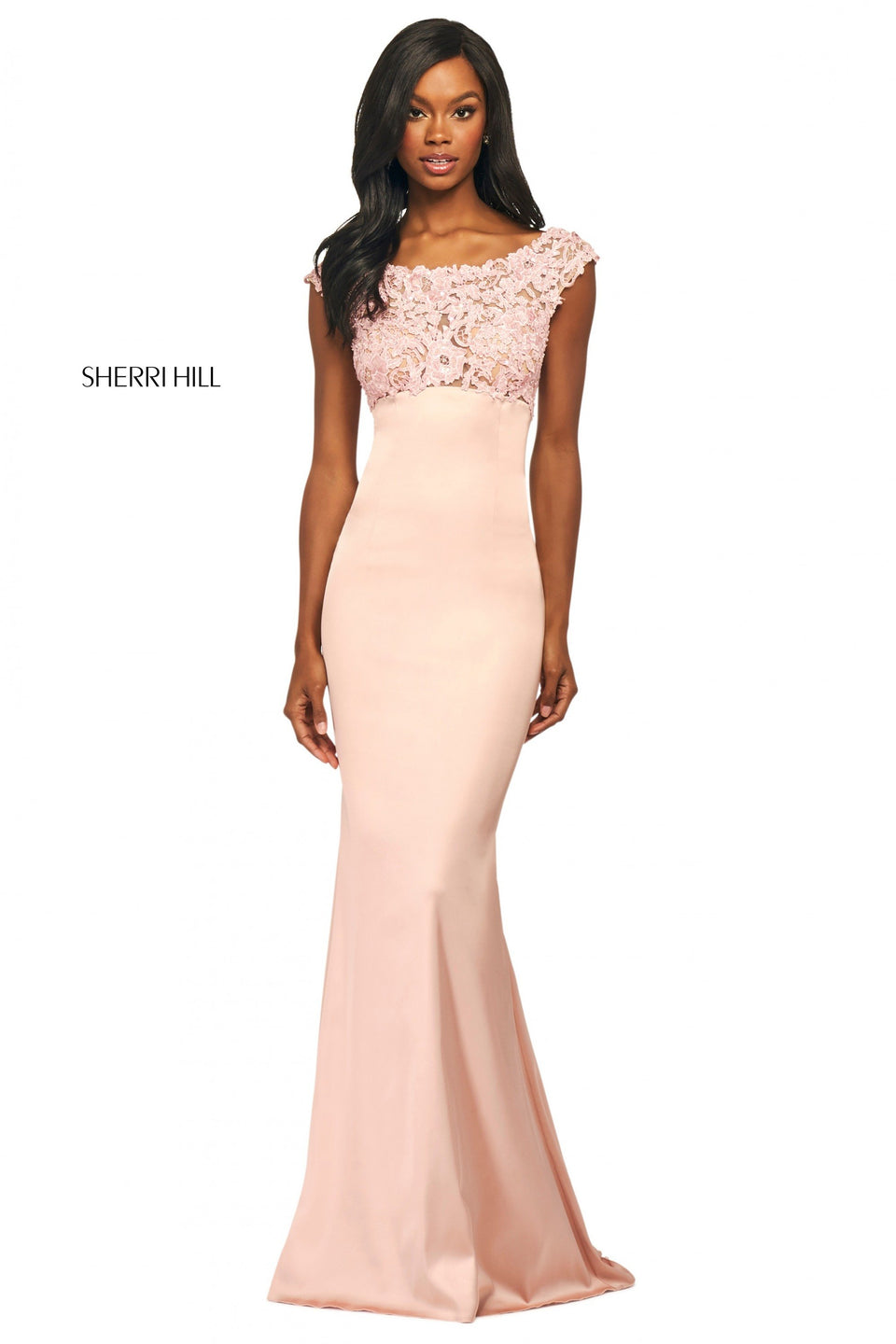 Sherri Hill Fitted Stretch Satin Gown With Empire Waist Lace Bodice With Rounded Neckline And Cap Sleeves And Back Cut Out With Lower Back Ruching