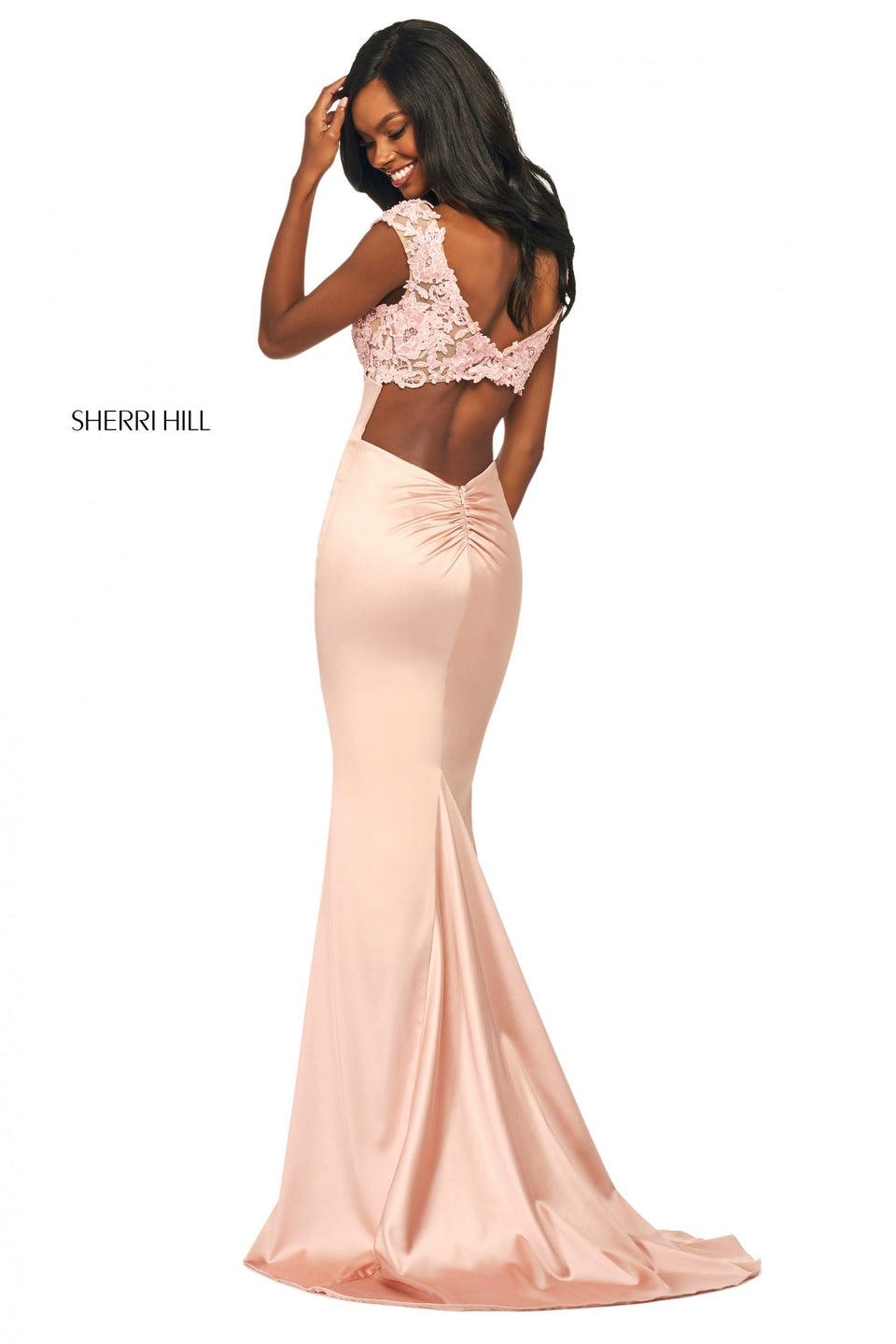 sherri hill Fitted stretch satin gown with empire waist lace bodice with rounded neckline and cap sleeves and back cut out with lower back ruching