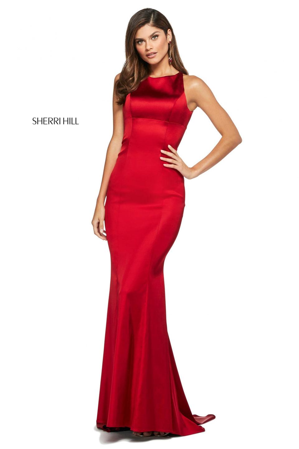 Sherri Hill Fitted Stretch Satin Gown With High Neckline Criss Cross Strap Back And Ruched Lower Back
