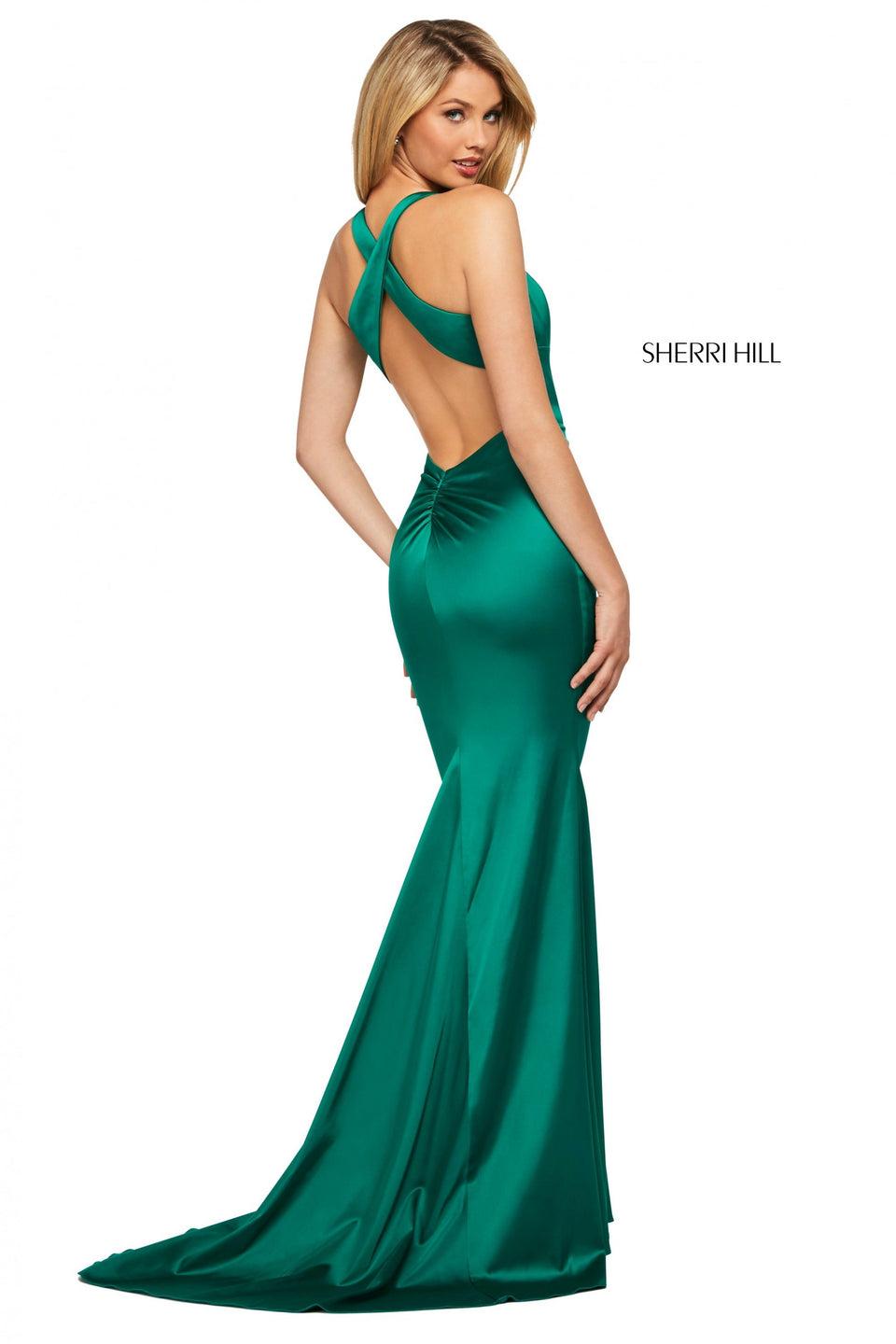 sherri hill Fitted stretch satin gown with high neckline criss cross strap back and ruched lower back