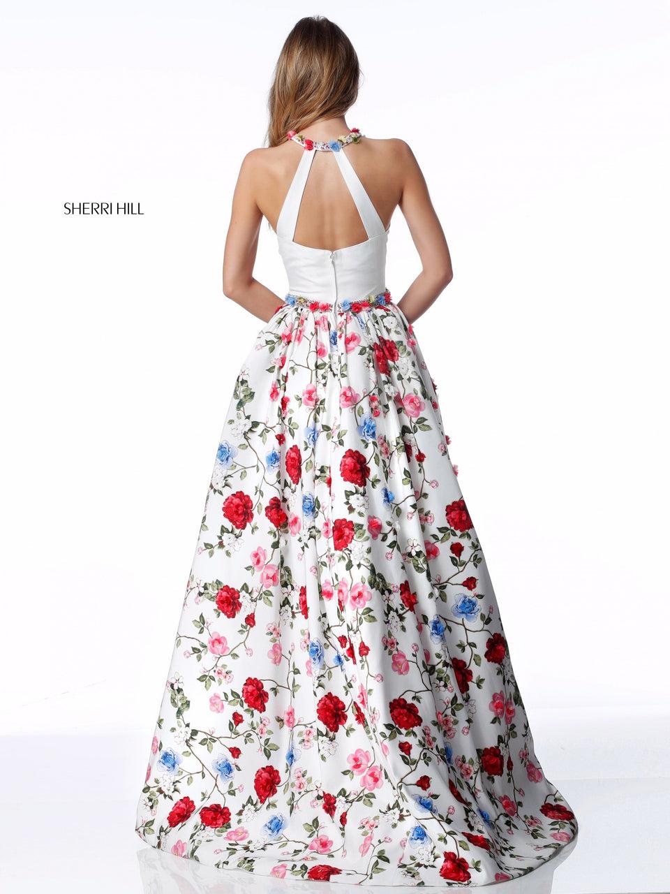 Sherri Hill Fitted Taffeta Gown With Flower Appliqued Belt And Neck And Floral Print Over Skirt