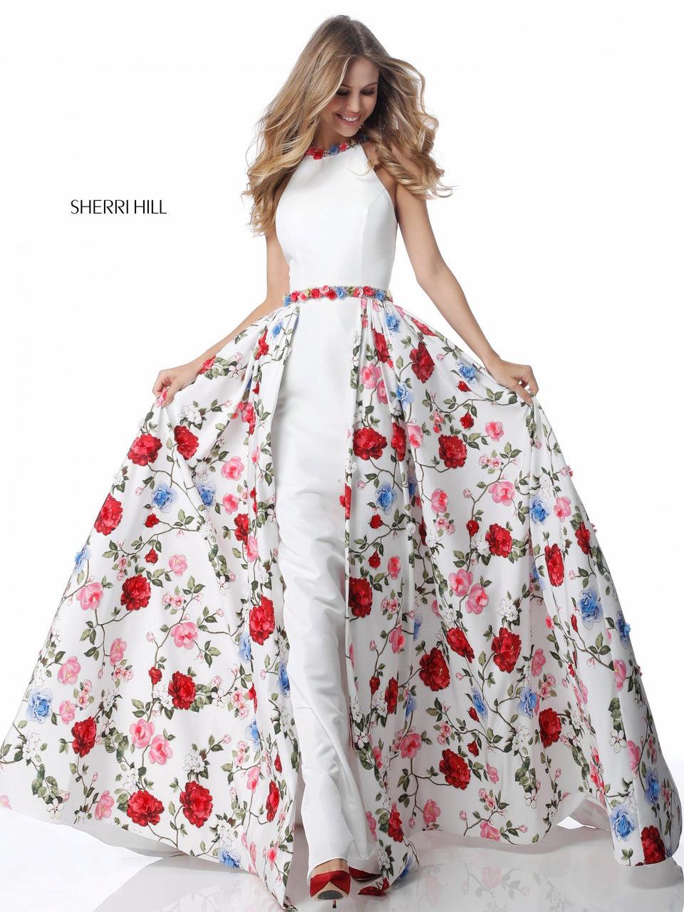 sherri hill Fitted taffeta gown with flower appliqued belt and neck and floral print over skirt
