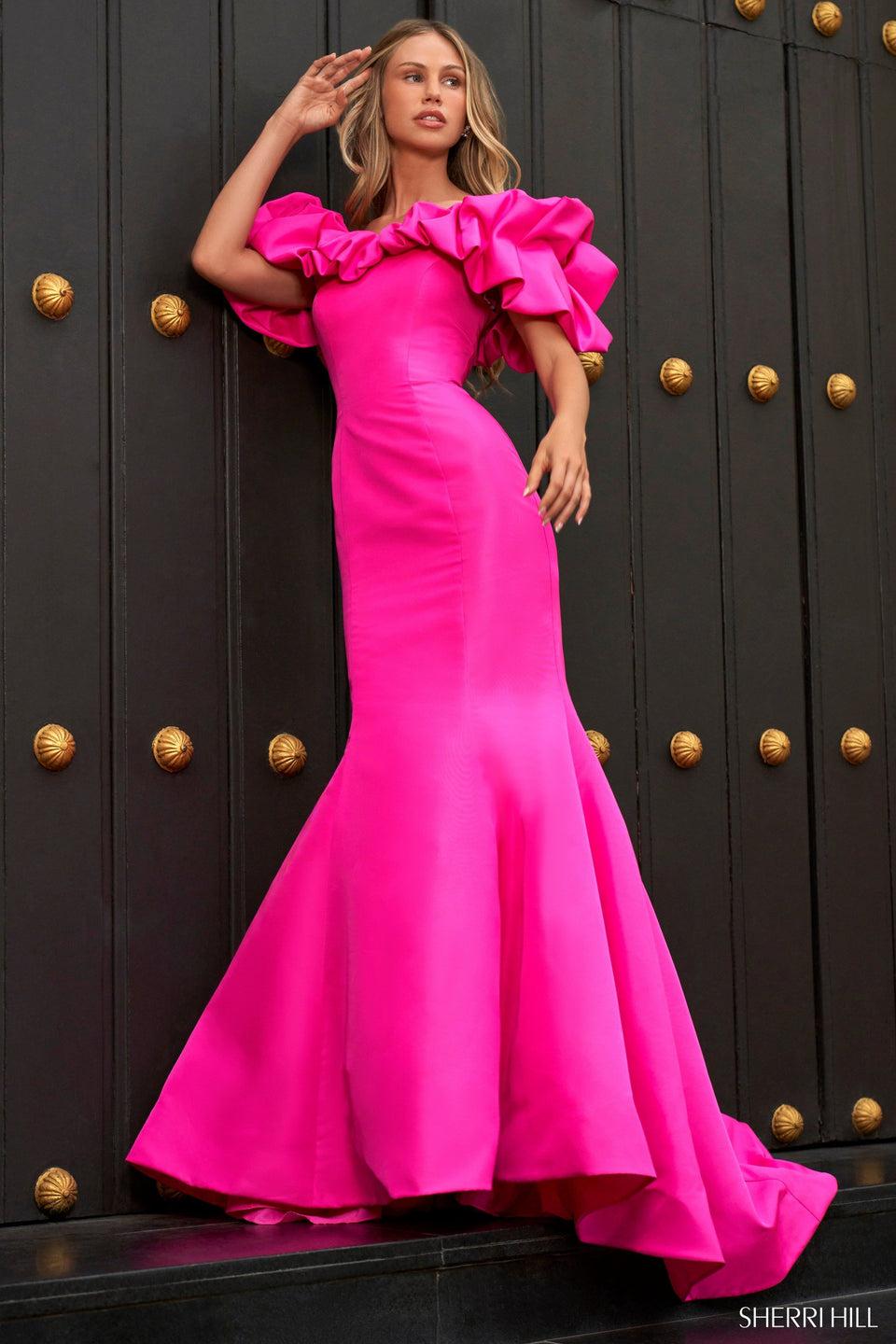 Sherri Hill Fitted Taffeta Mermaid Gown With Ruffled Off The Shoulder Neckline