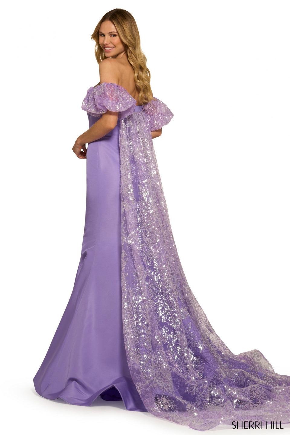 Sherri Hill Fitted Taffeta Strapless Mermaid Gown With Detachable Sequin Lace Balloon Sleeves And Sequin Lace Cape