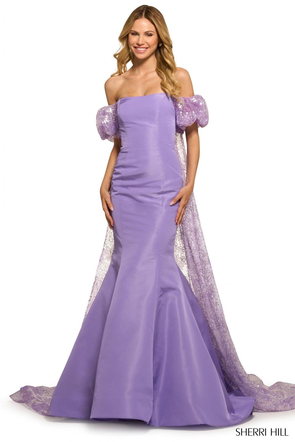 sherri hill Fitted taffeta strapless mermaid gown with detachable sequin lace balloon sleeves and sequin lace cape