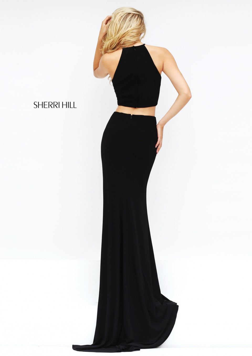 Sherri Hill Fitted Two Piece Jersey With Slit Skirt And High Neck Bodice