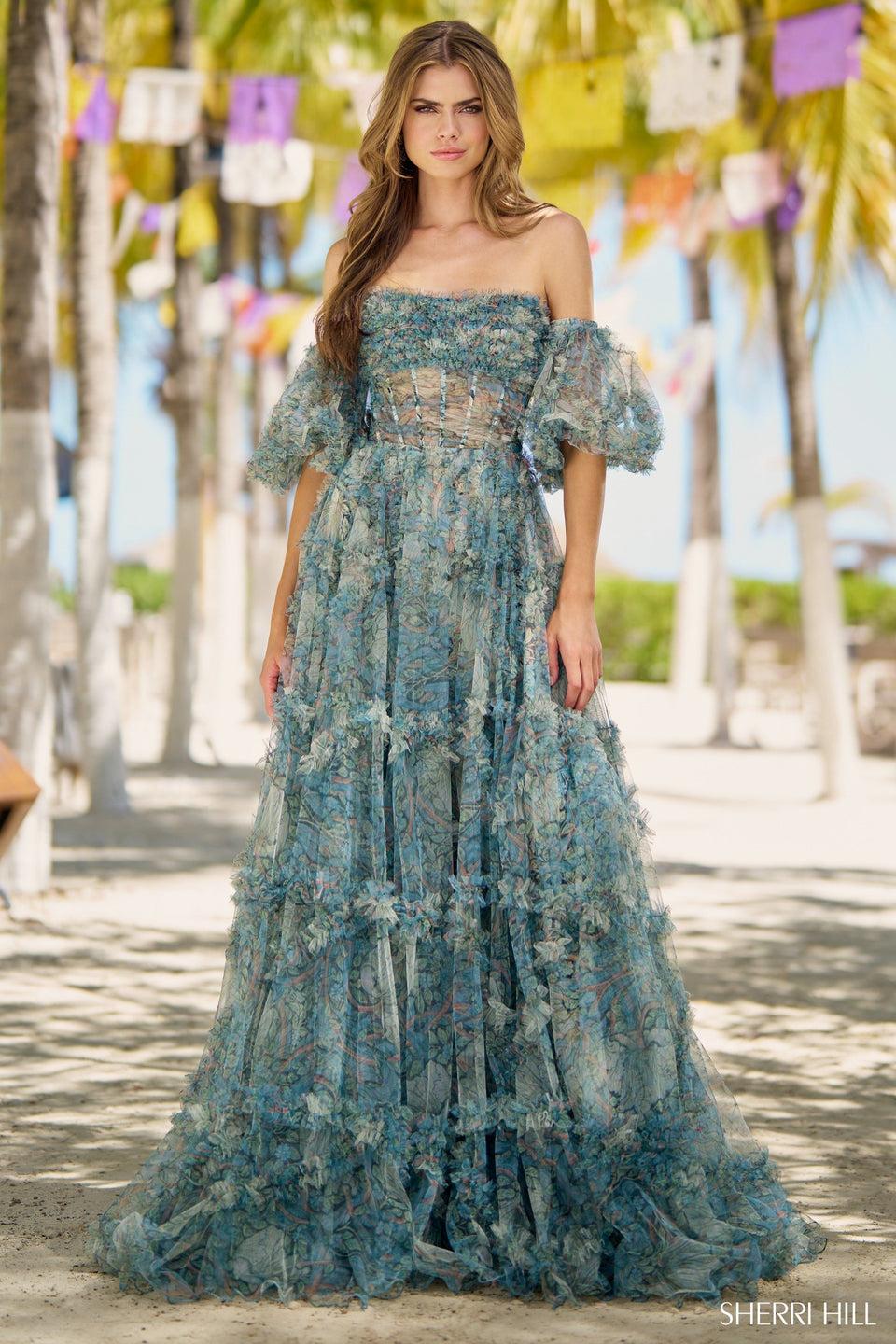 Sherri Hill Floral A-line Gown With Corset Bodice Detachable Sleeves And Ruffle Embellishments