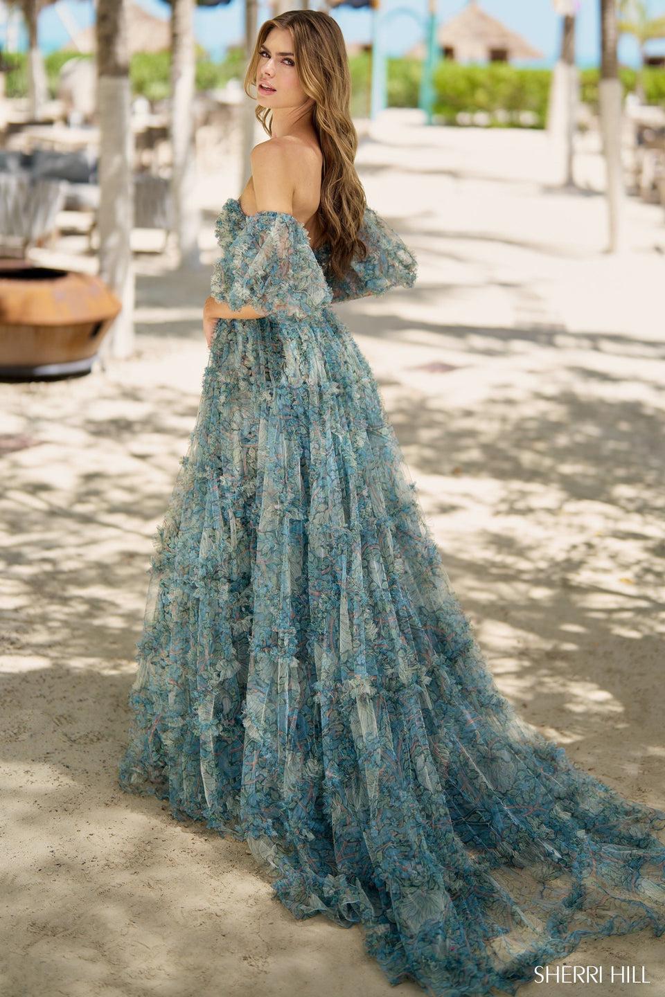 Sherri Hill Floral A-line Gown With Corset Bodice Detachable Sleeves And Ruffle Embellishments