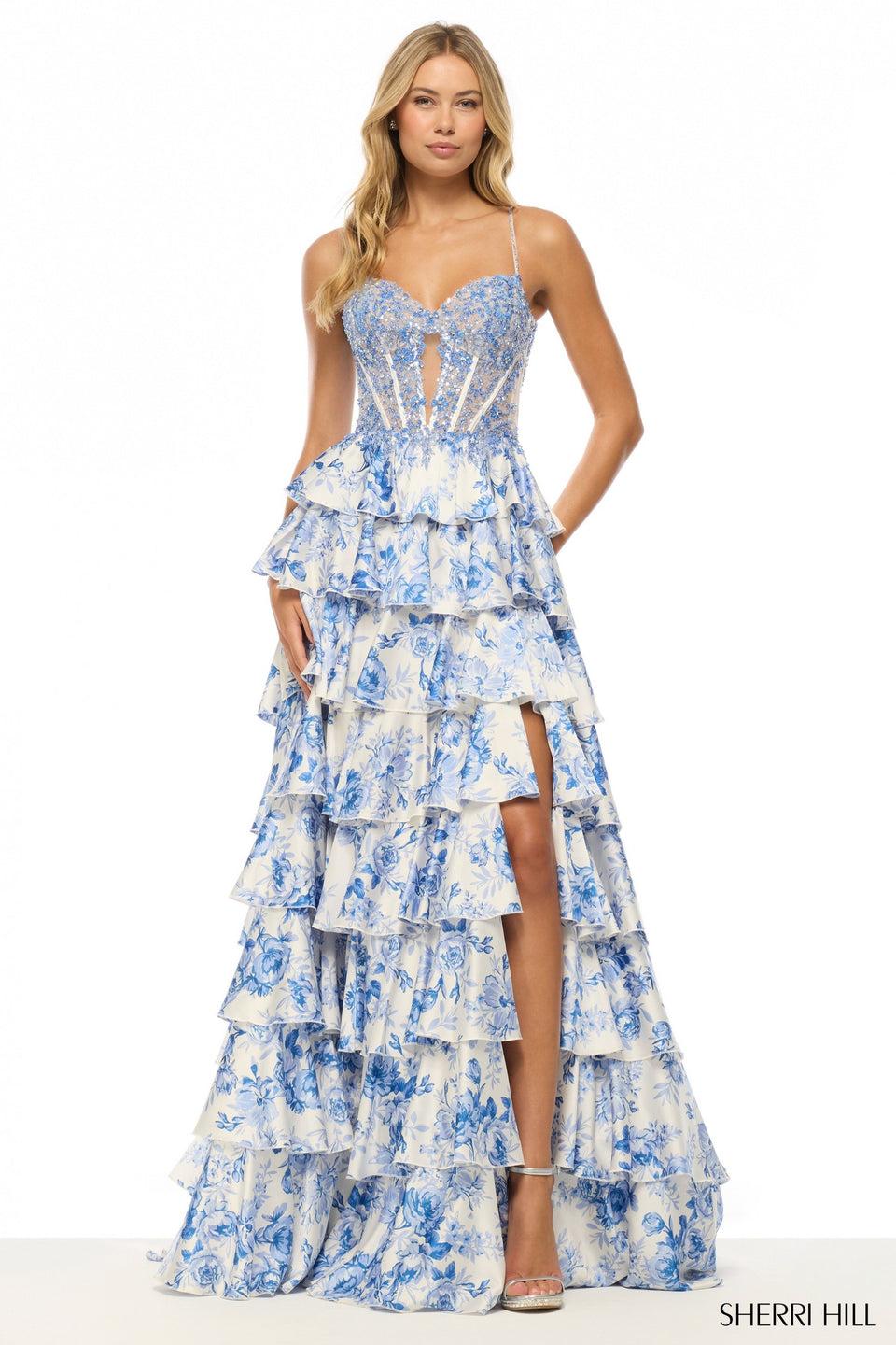 Sherri Hill Floral A-line Gown With Lace Corset Bodice And A Satin Ruffle Skirt With Slit