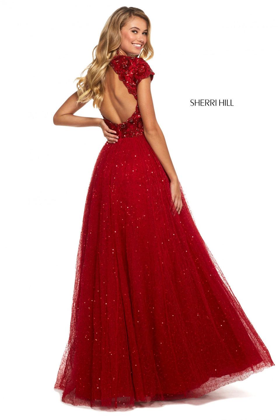 Sherri Hill Floral Beaded And Sequin Bodice With Cap Sleeves High Neckline And Keyhole Back With Sequin Tulle A-line Skirt