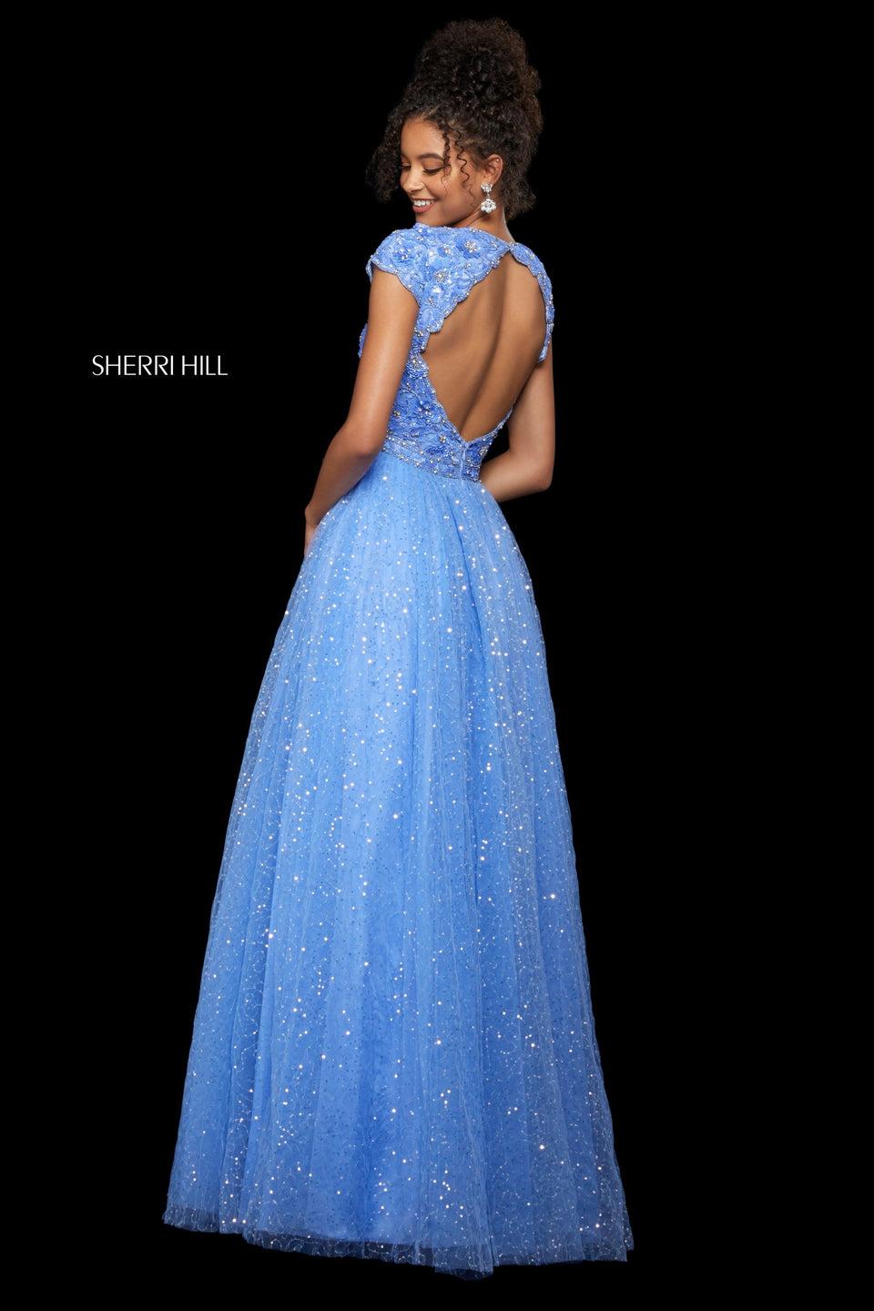 Sherri Hill Floral Beaded And Sequin Bodice With Cap Sleeves High Neckline And Keyhole Back With Sequin Tulle A-line Skirt