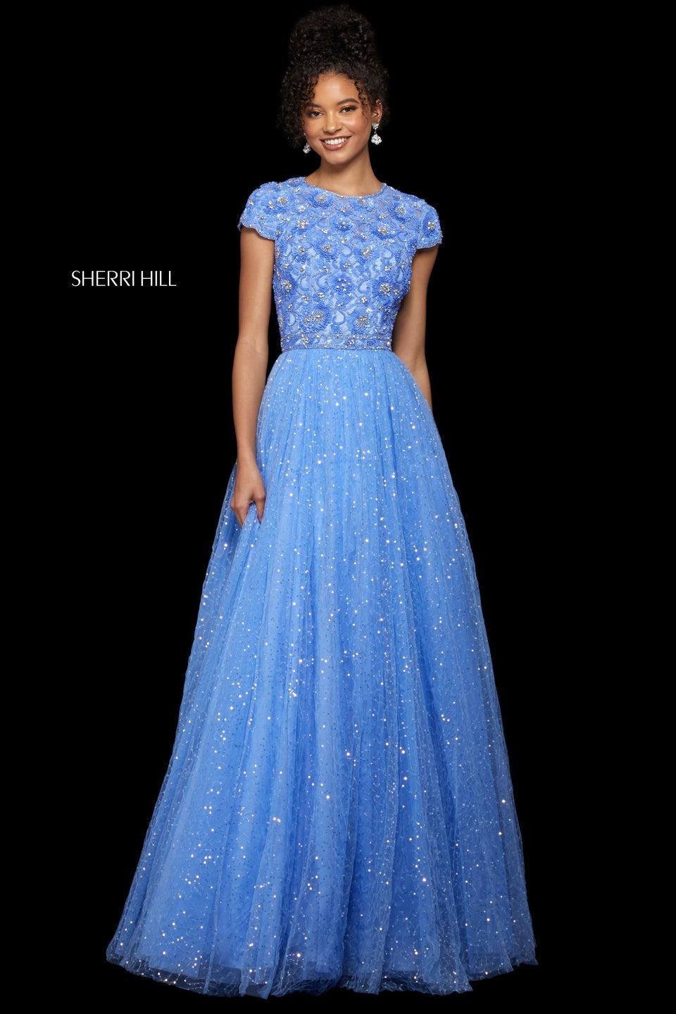 Sherri Hill Floral Beaded And Sequin Bodice With Cap Sleeves High Neckline And Keyhole Back With Sequin Tulle A-line Skirt