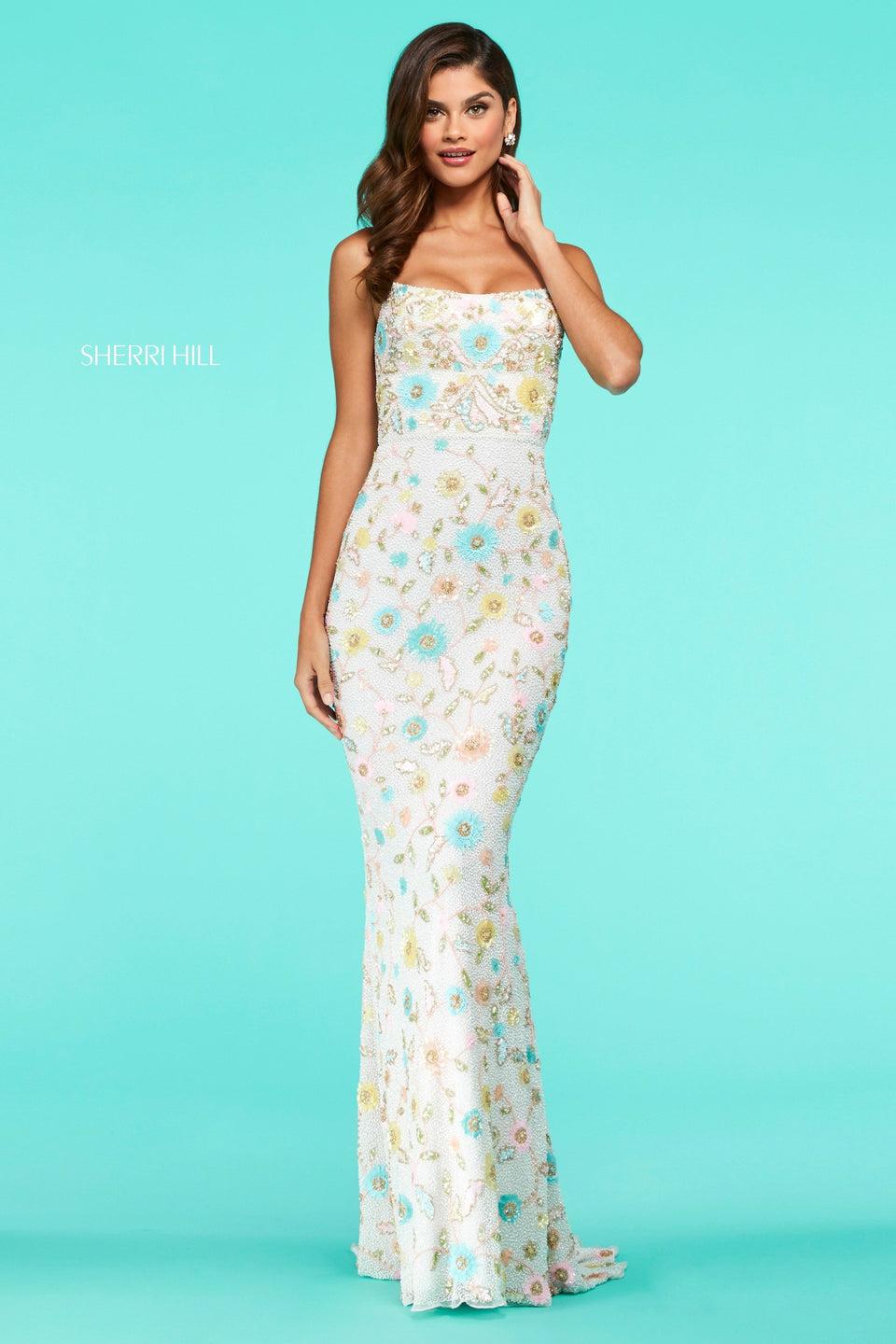 sherri hill Floral beaded and sequin fitted dress with straight neckline and strappy lace up back
