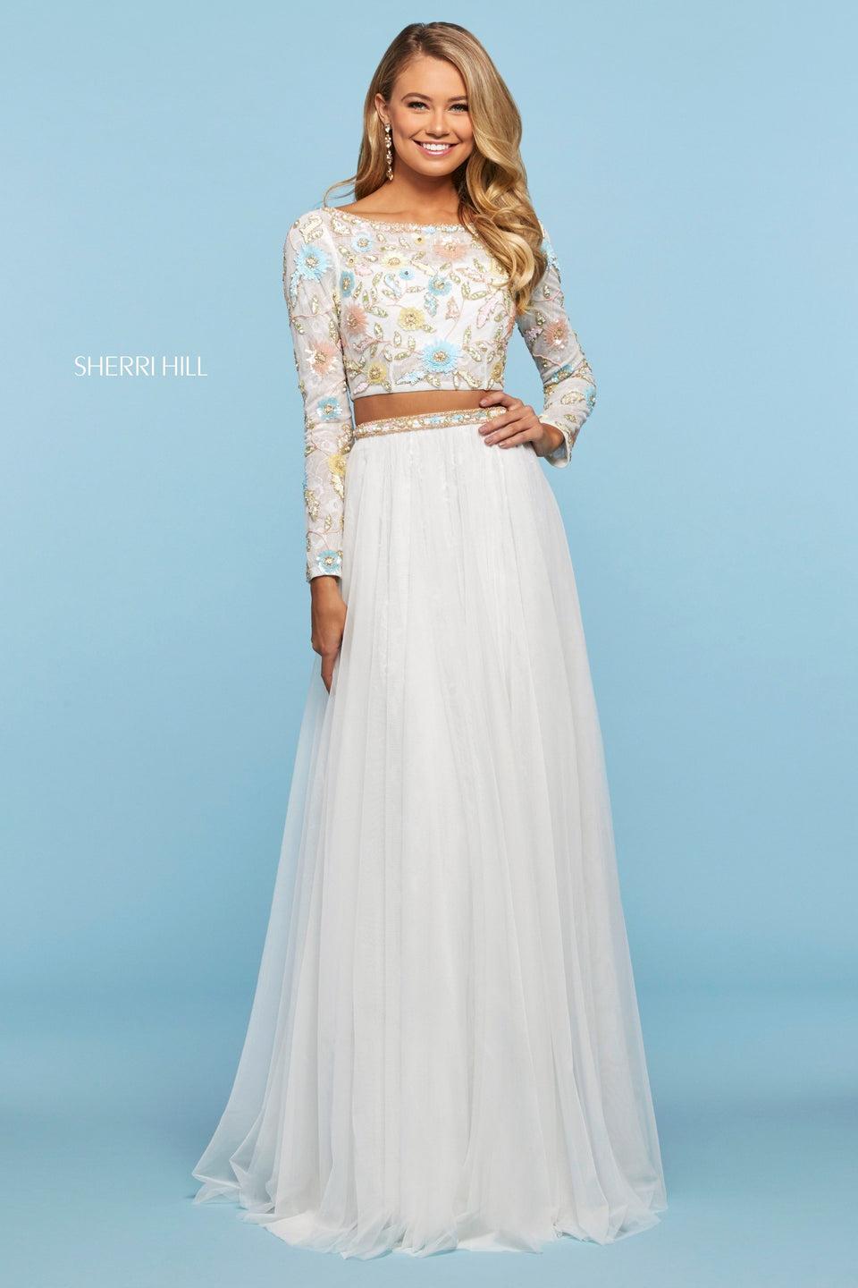 Sherri Hill Floral Beaded And Sequin Stretch Lace Top With Long Sleeves Chiffon And Lace Skirt With Beaded Waistband