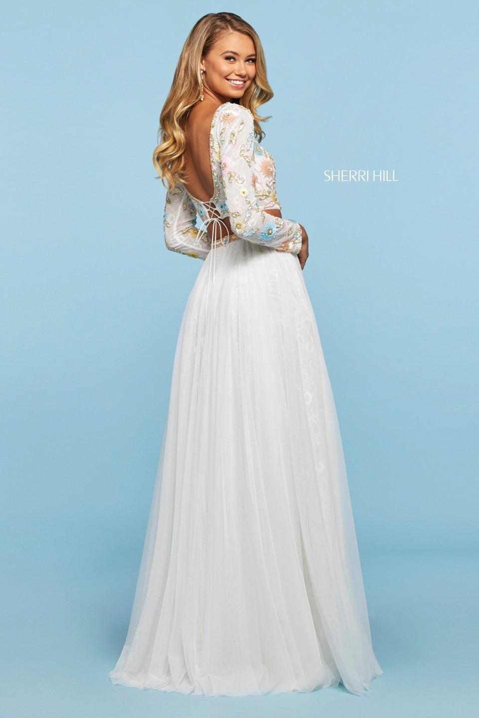 Sherri Hill Floral Beaded And Sequin Stretch Lace Top With Long Sleeves Chiffon And Lace Skirt With Beaded Waistband