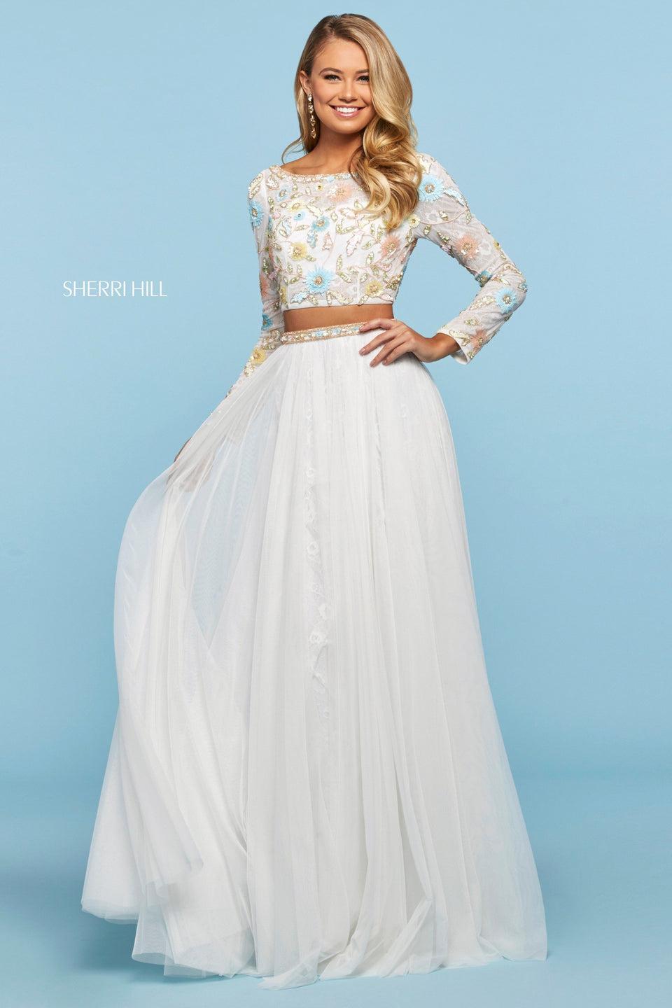 sherri hill Floral beaded and sequin stretch lace top with long sleeves chiffon and lace skirt with beaded waistband