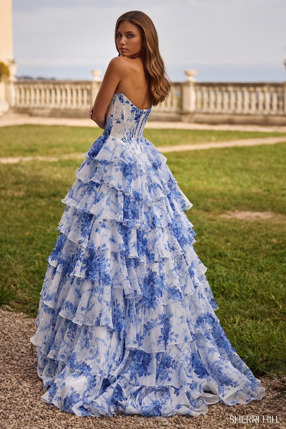 Sherri Hill Floral Blue Print Strapless Satin Corset Ball Gown With Chiffon Ruffle Skirt Slit