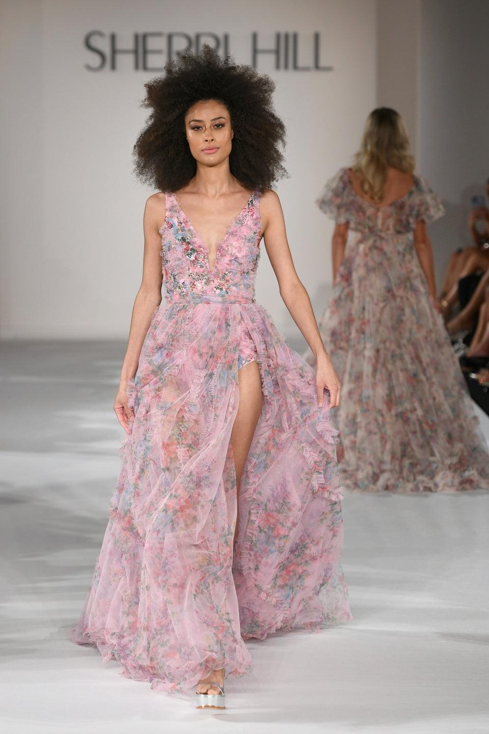 Sherri Hill Floral Bodysuit With Beaded And Ruffle Embellishments And A Tulle Ruffled Embellished Overskirt