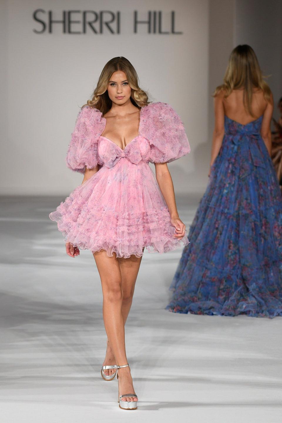 Sherri Hill Floral Chiffon Print Baby Doll Cocktail Dress With Ruffle Embellishments And Ballon Sleeves
