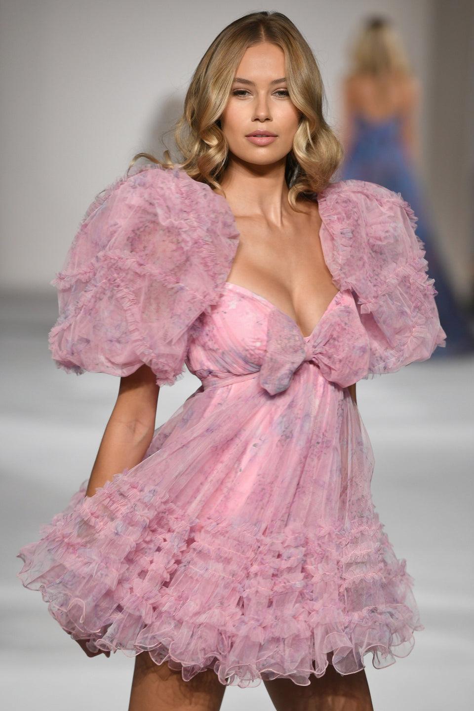 Sherri Hill Floral Chiffon Print Baby Doll Cocktail Dress With Ruffle Embellishments And Ballon Sleeves
