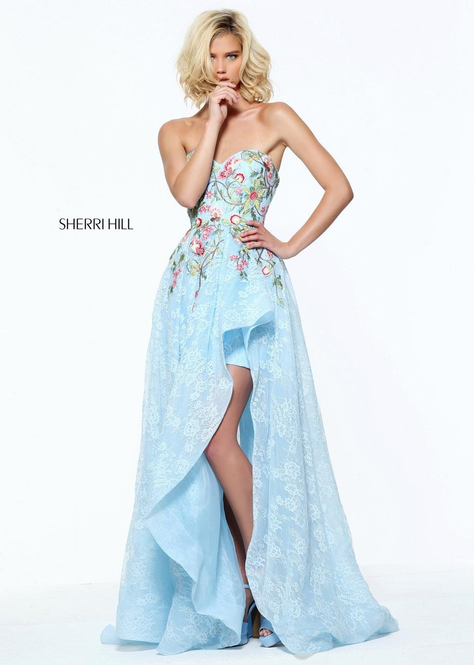 Sherri Hill Floral Embroidered Strapless Sweetheart High Low Dress