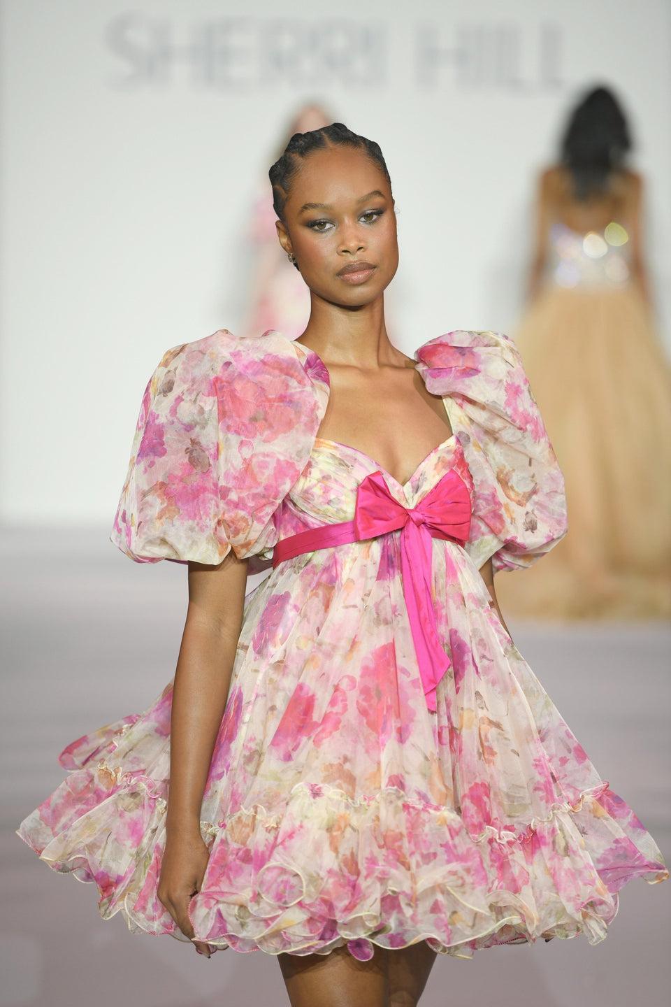 Sherri Hill Floral Organza Print Baby Doll Cocktail Dress With A Bow And Ballon Sleeves