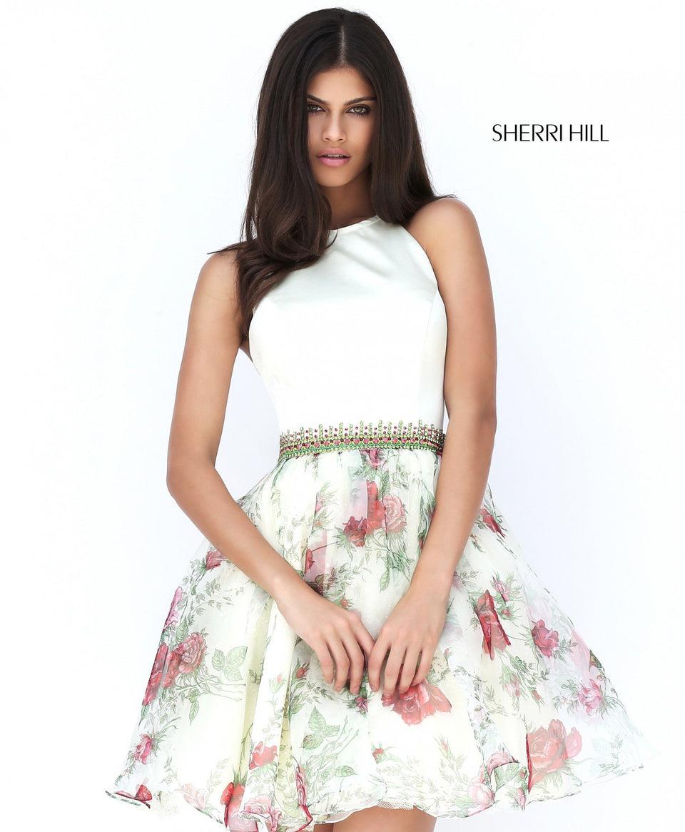 sherri hill Floral organza print cocktail with a high neck halter bodice