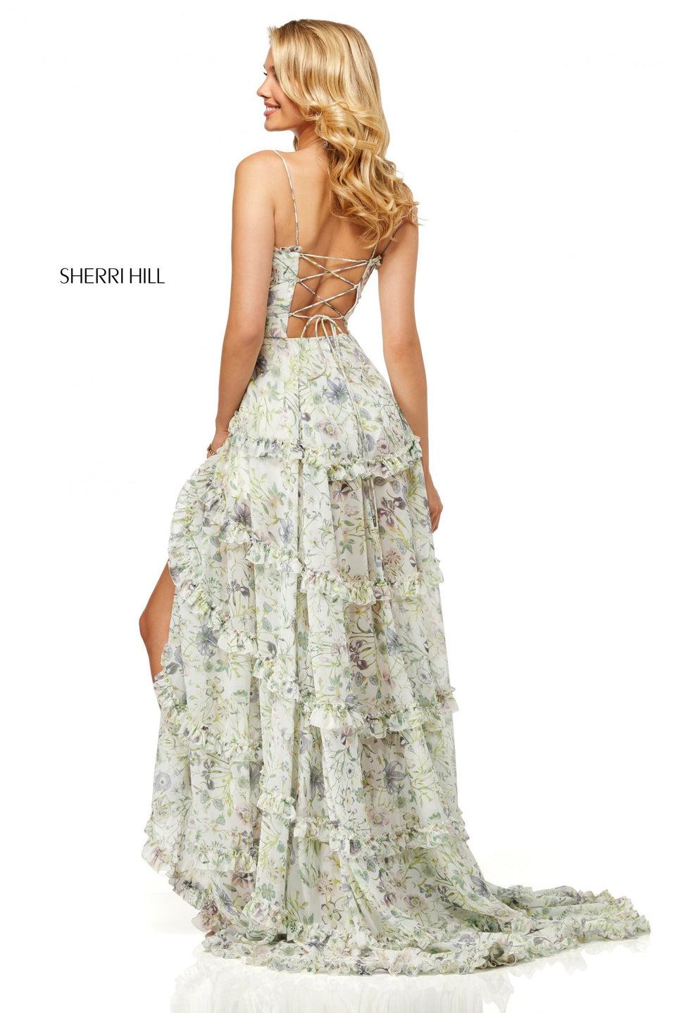 Sherri Hill Floral Print A-line With Ruffle Detailing And Ruched Spaghetti Strap Bodice With Lace Up Back