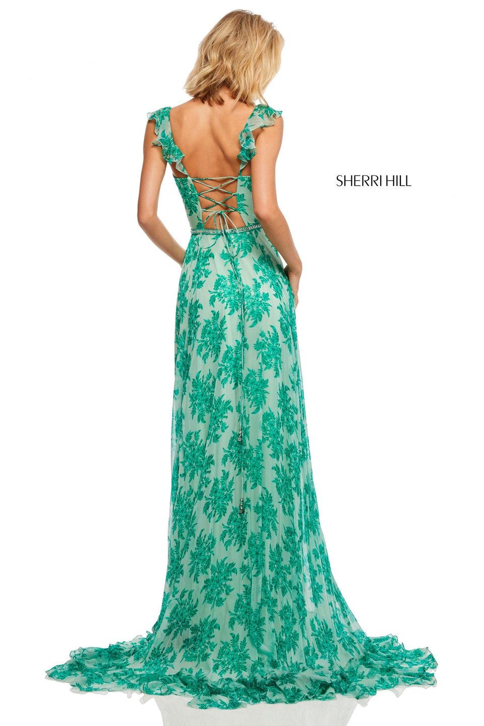Sherri Hill Floral Print Chiffon Dress With Ruffled Hem And Neckline Jewel Encrusted Waistband And Lace Up Back