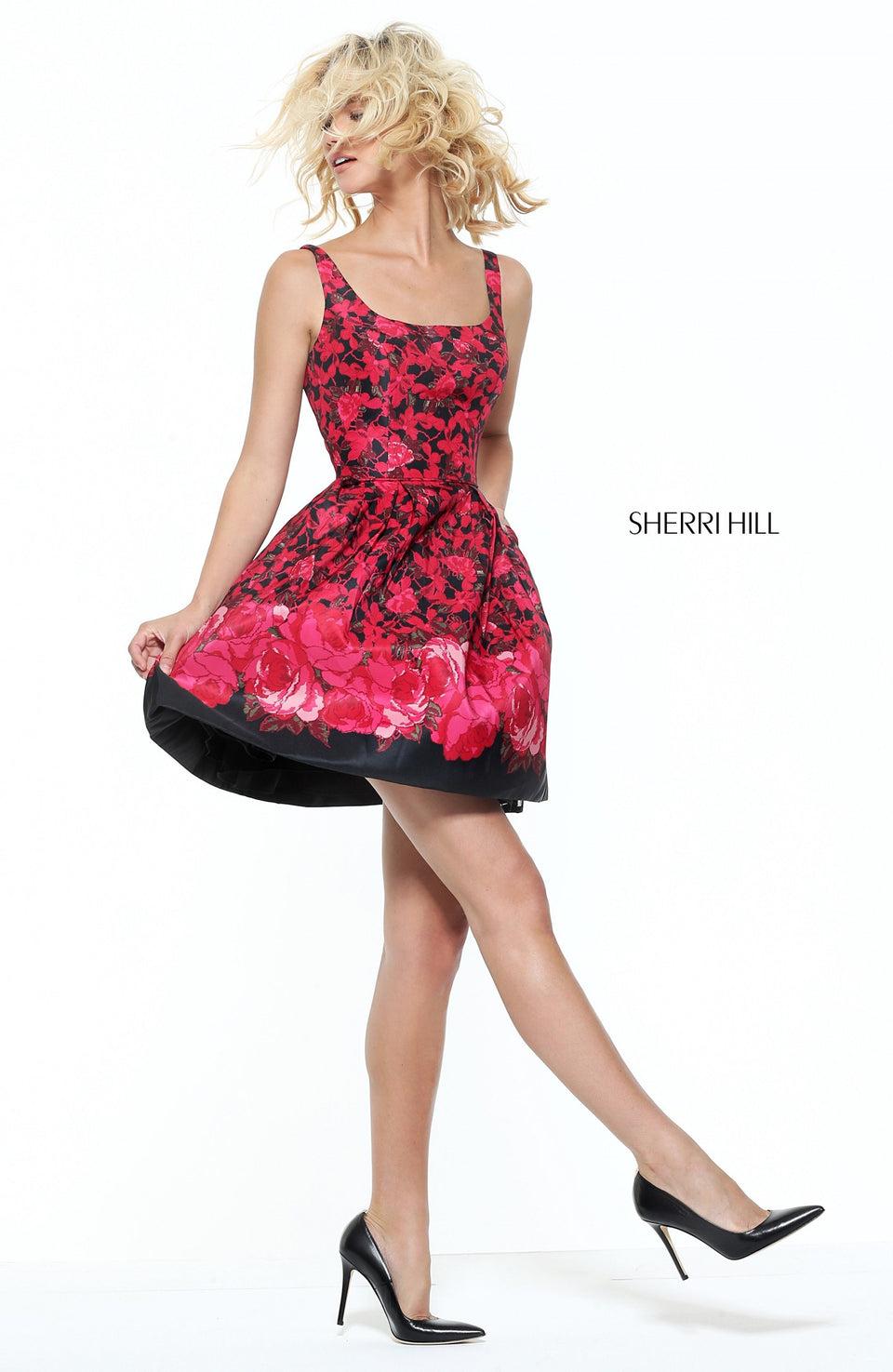 Sherri Hill Floral Print Cocktail A-line Dress With A Square Neckline