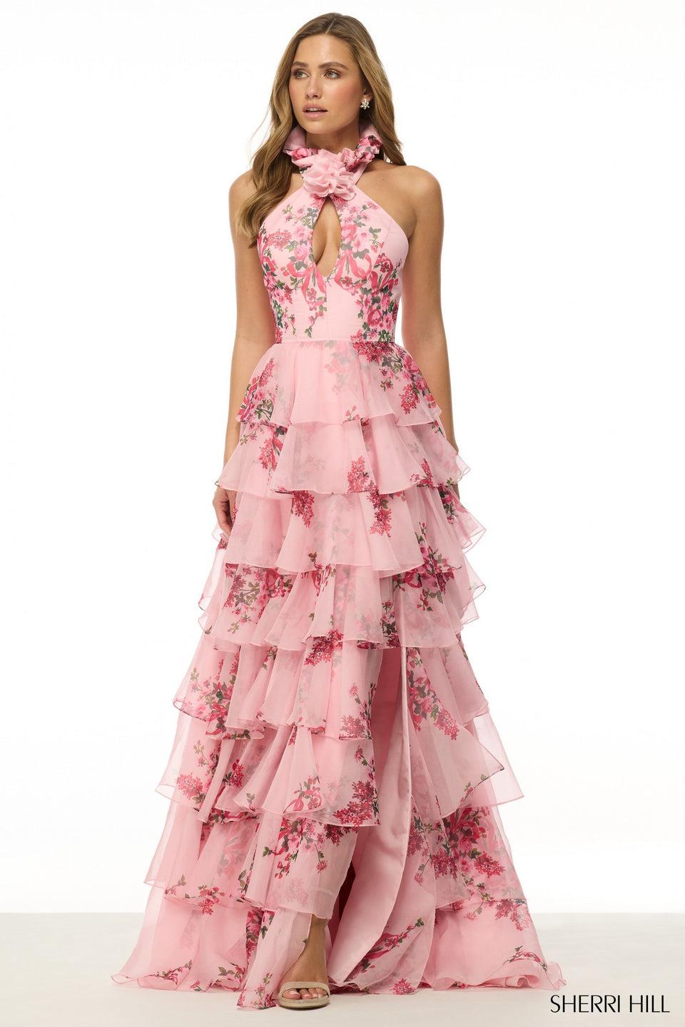 Sherri Hill Floral Print Gown With High Neckline Chiffon Ruffle Skirt Slit