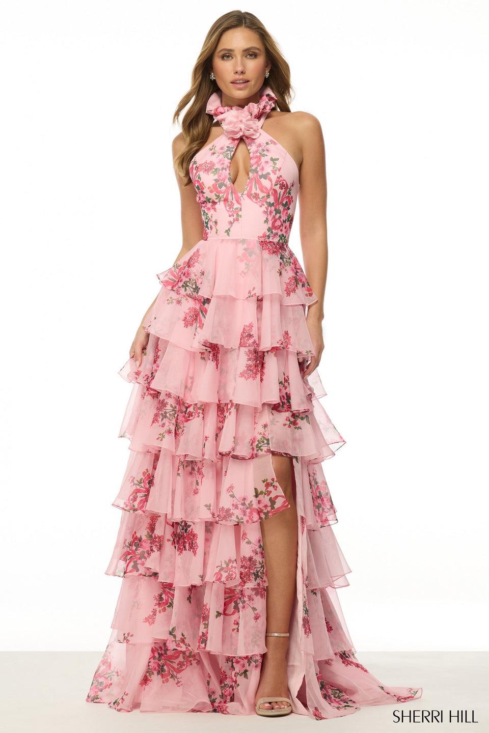 sherri hill Floral print gown with high neckline chiffon ruffle skirt slit