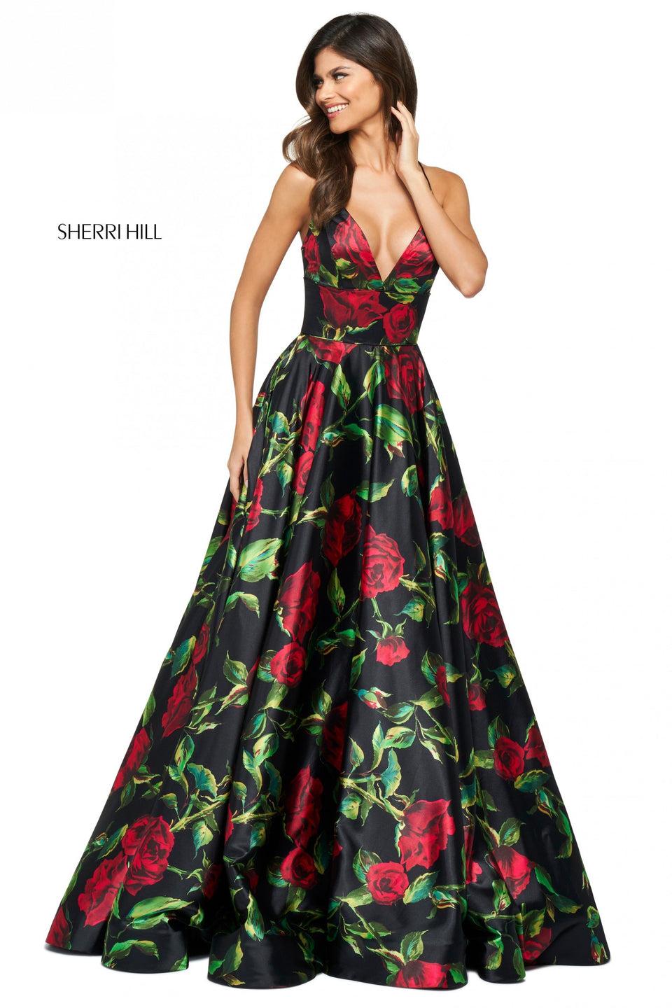 Sherri Hill Floral Print Satin A-line Dress With V Neckline And Wide Loop Lace Up Back