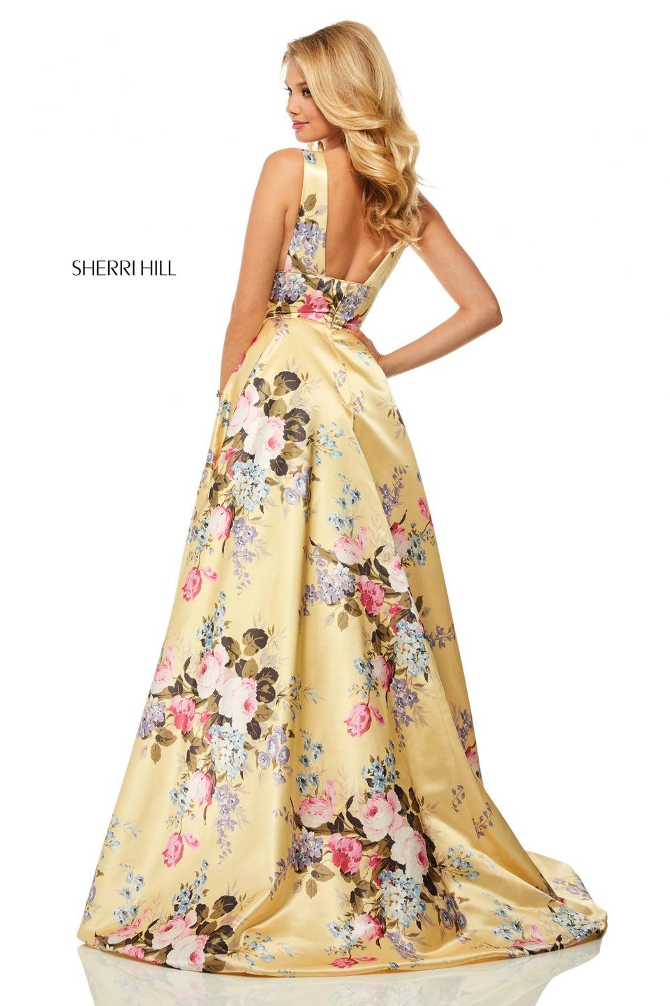 Sherri Hill Floral Print Satin A-line With Plunging Neckline