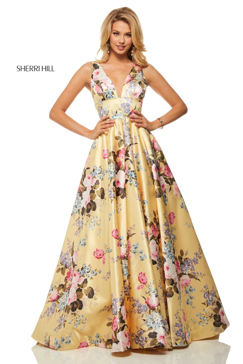 Sherri Hill Floral Print Satin A-line With Plunging Neckline