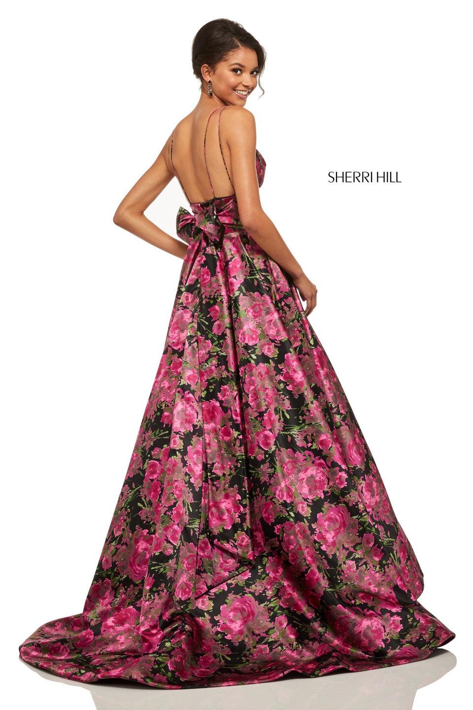 Sherri Hill Floral Print Satin A-line With Spaghetti Strap Sweetheart Neckline And Bow At The Back Waist