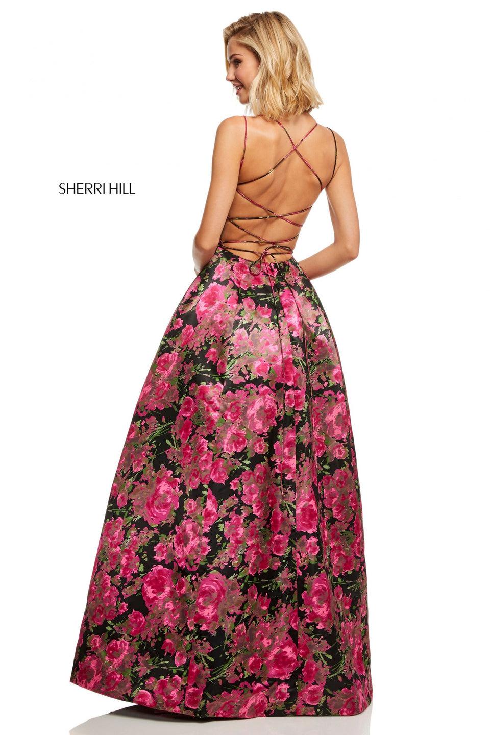 Sherri Hill Floral Print Satin A-line With Sweetheart Neckline And Lace Up Back