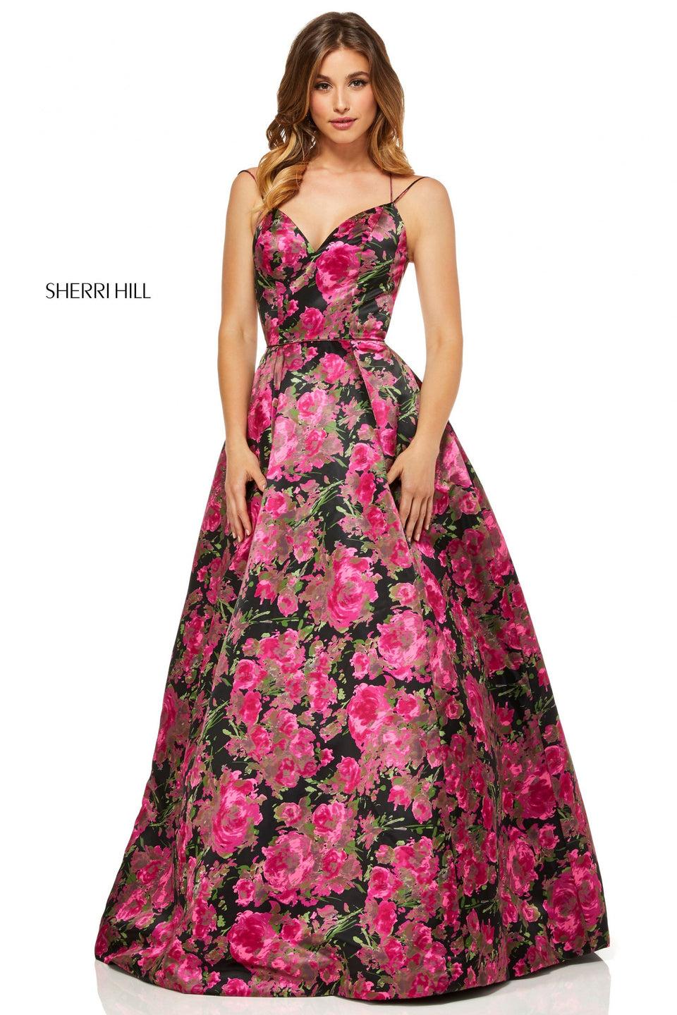 Sherri Hill Floral Print Satin A-line With Sweetheart Neckline And Lace Up Back