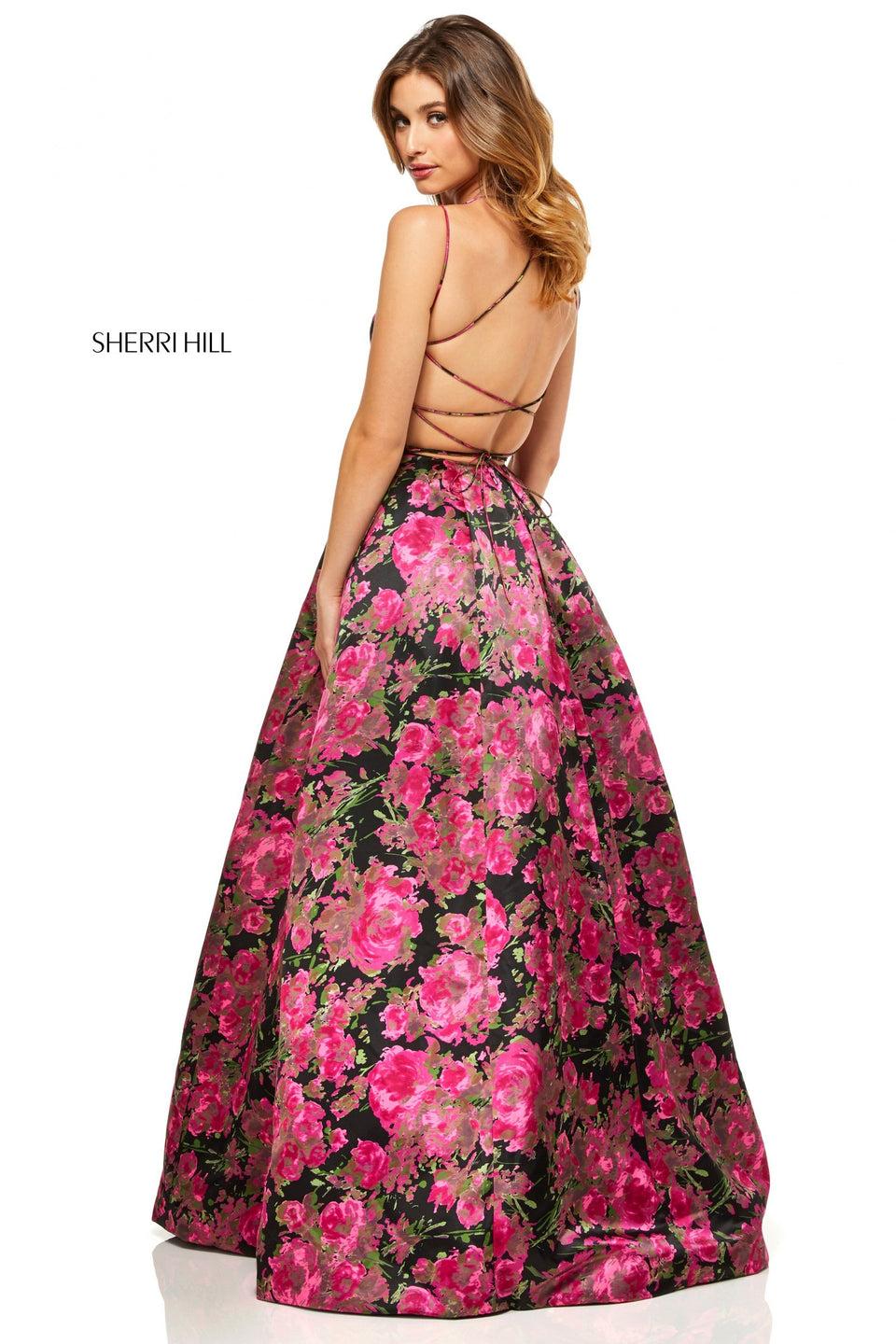 Sherri Hill Floral Print Satin A-line With Sweetheart Neckline And Lace Up Back