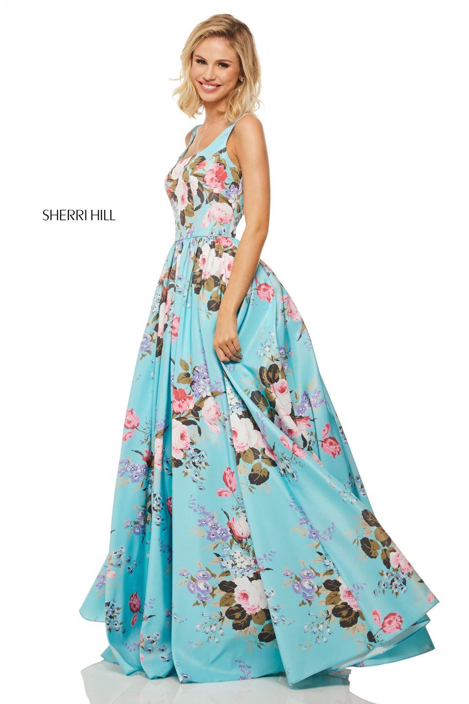 Sherri Hill Floral Print Taffeta A-line Gown With A Tank Bodice