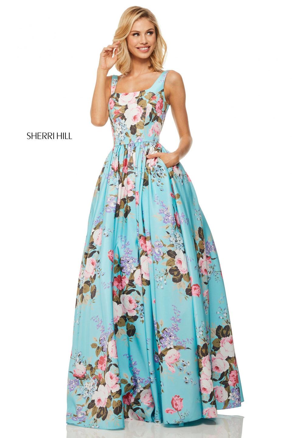 sherri hill Floral print taffeta A-line gown with a tank bodice