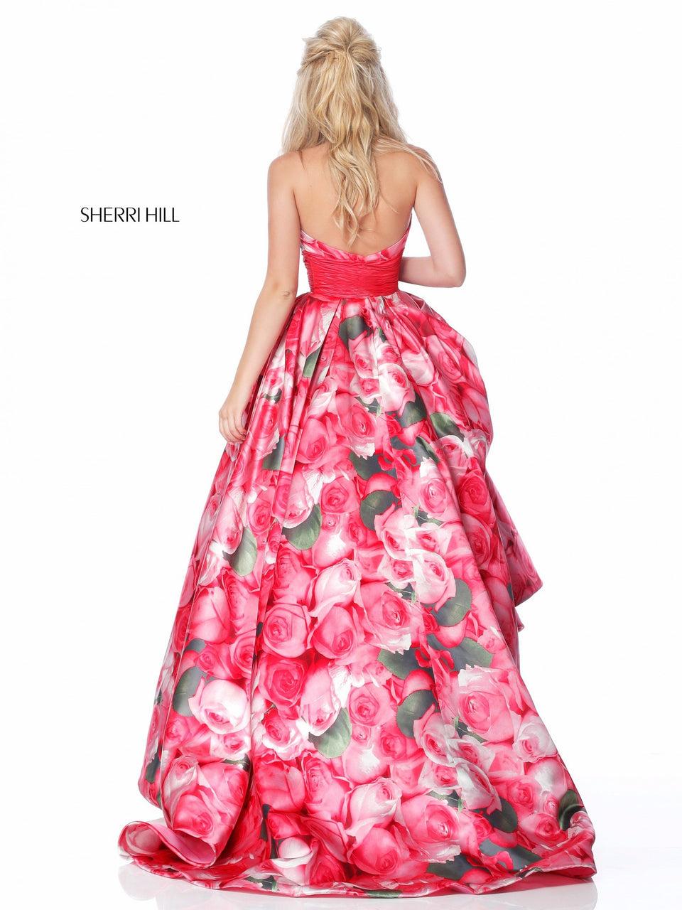 Sherri Hill Floral Print Taffeta Ball Gown With Halter Bodice And Solid Color Waist Band
