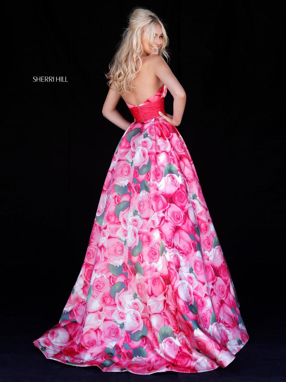 Sherri Hill Floral Print Taffeta Ball Gown With Halter Bodice And Solid Color Waist Band