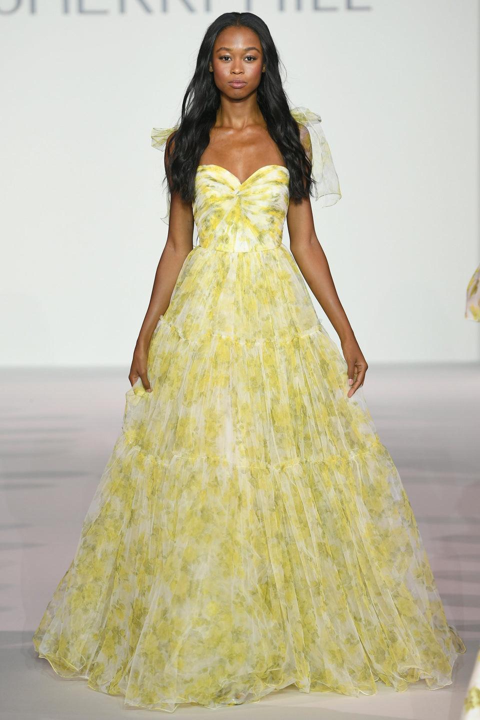 Sherri Hill Floral Print Tulle Gown With Bow Tie Sleeves Sweetheart Neckline And Ruffle Skirt