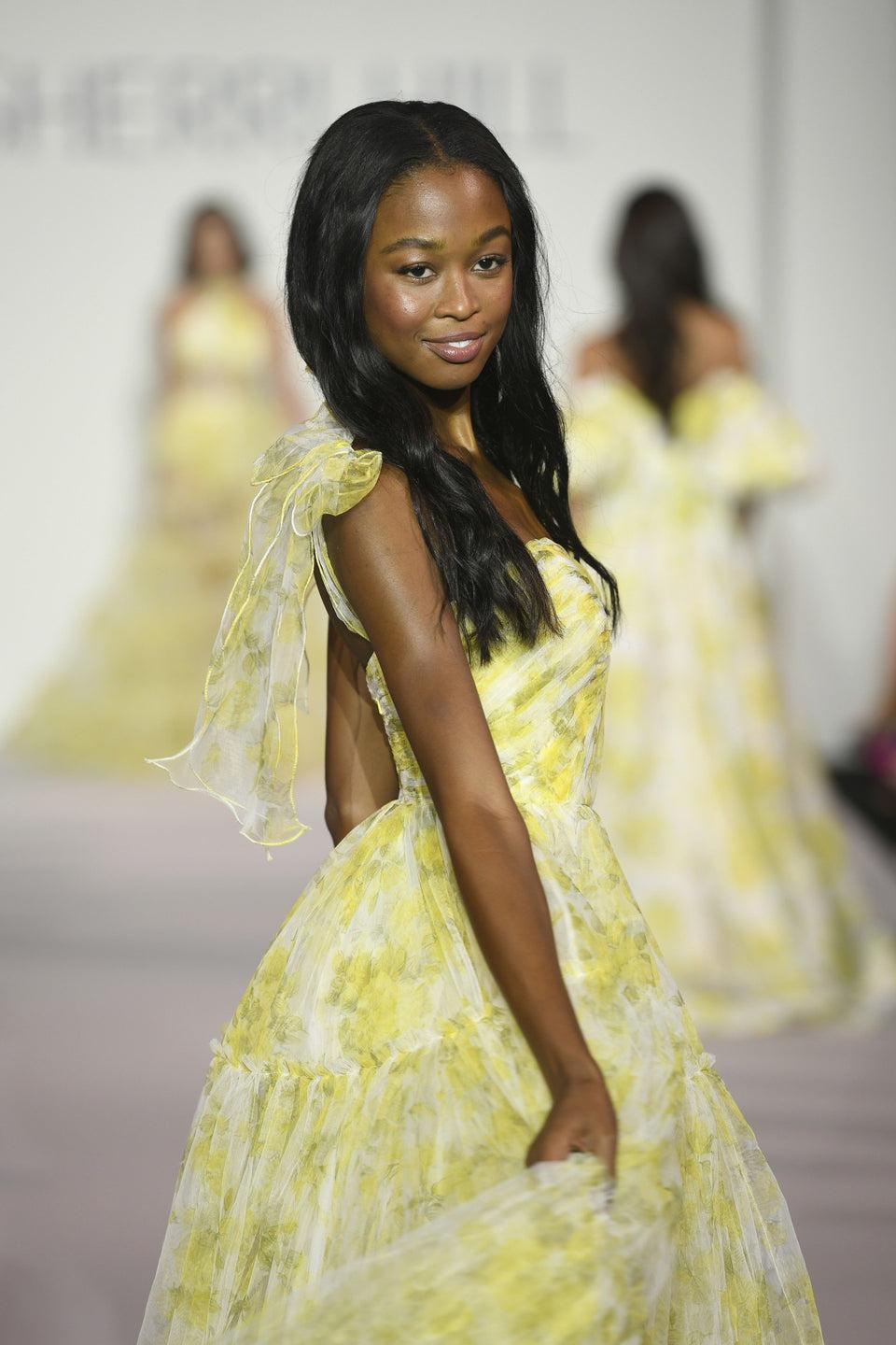 sherri hill Floral print tulle gown with bow tie sleeves sweetheart neckline and ruffle skirt