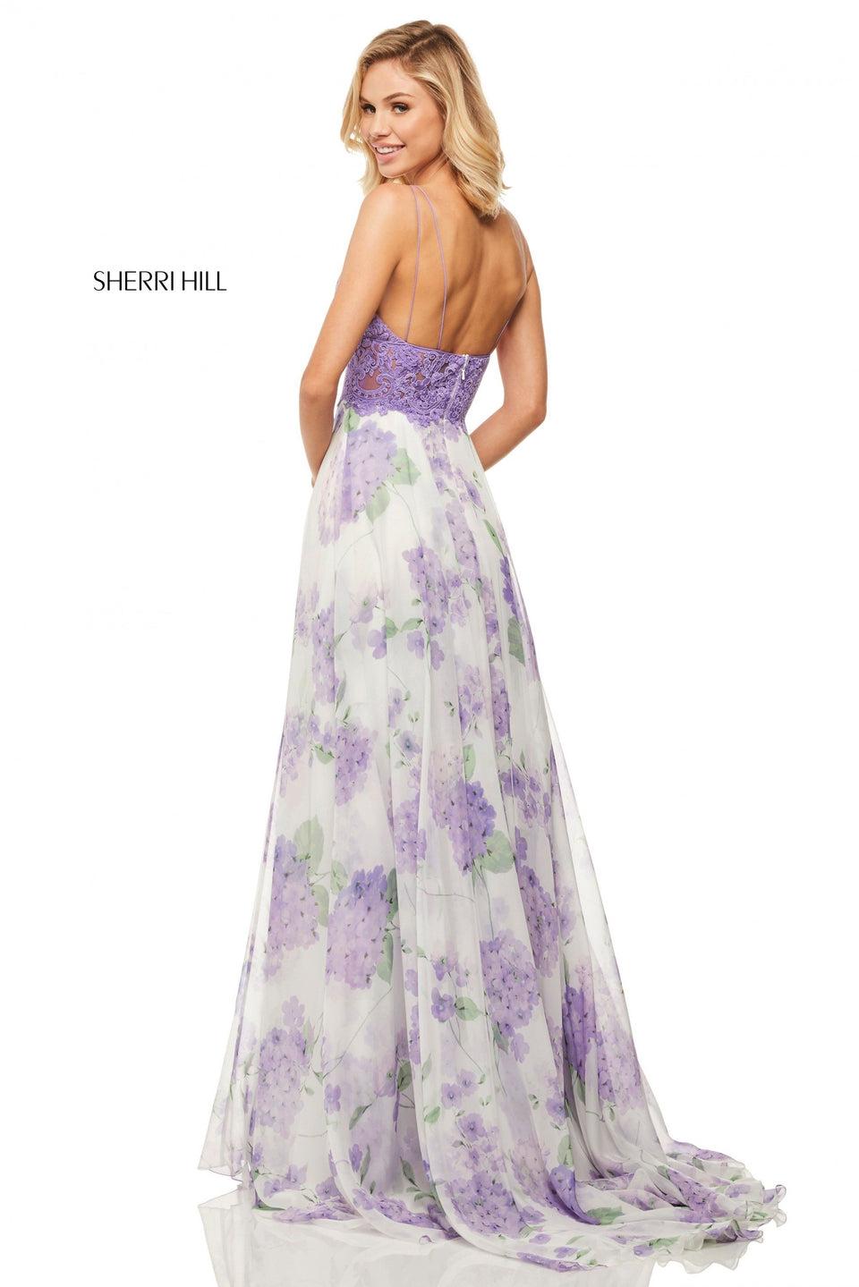 Sherri Hill Floral Printed Chiffon Gown With Lace Bodice