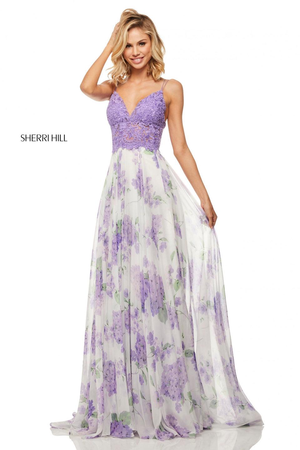 sherri hill Floral printed chiffon gown with lace bodice